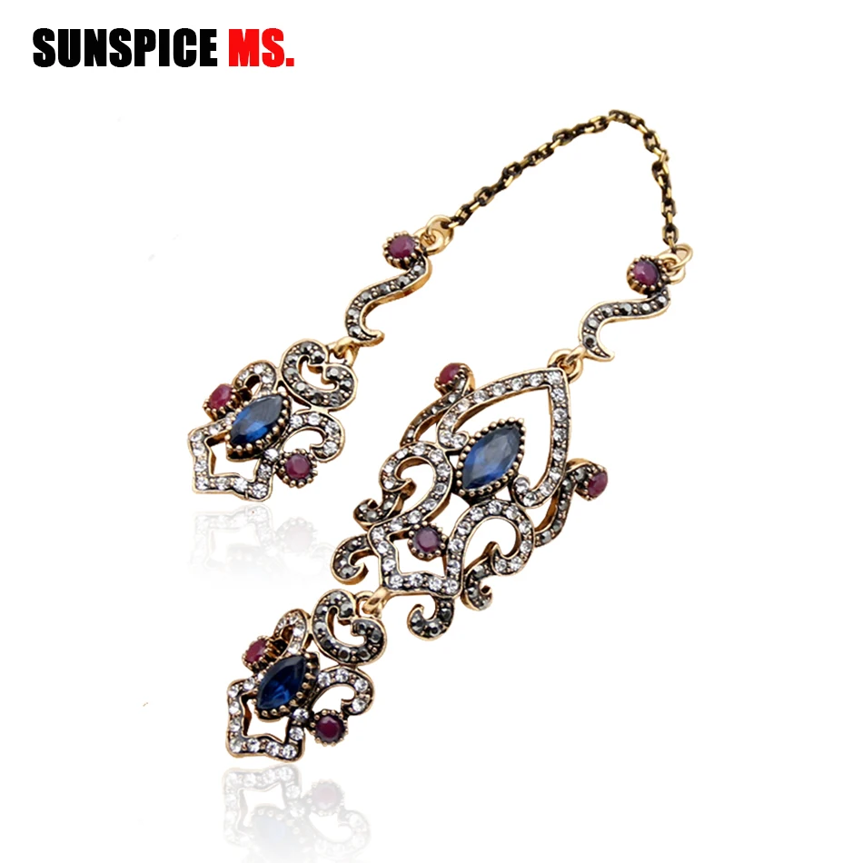 SUNSPICE MS Vintage Turkish Women Flower Double Link Ring Sets Arabesque Crystal Jewelry Antique Gold Color Wedding Anillos 2019