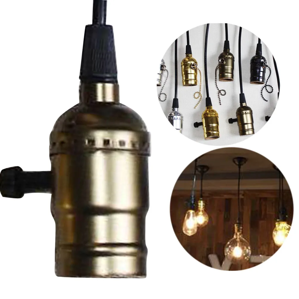 ลูกบิด/สวิตช์ซิป Retro Edison หลอดไฟ E27 ซ็อกเก็ตโบราณทองเหลืองฐานโคมไฟสายไฟ Grip เกลียว Lampholder สำหรับจี้ light