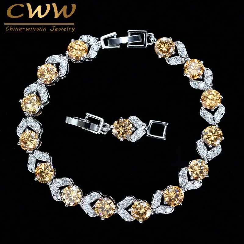 CWWZircons Fashion Created Gemstone Jewelry Round Cut Champagne Yellow CZ Crystal Tennis Bracelets Bangles Gift for Women CB182