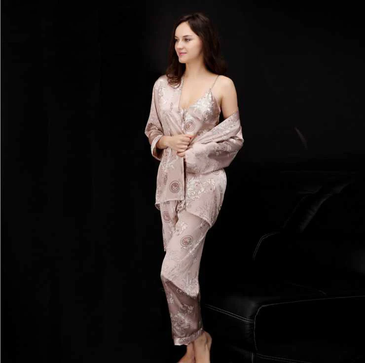 

women silk pajamas sets of three items inner outer sexy couples long-sleeve leisurewear robe sets sleeps lounge homewear ck1702