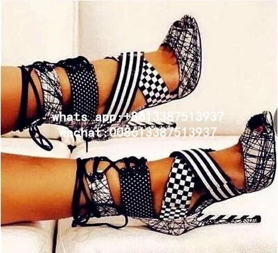 

2017 Hot New Arrival Fashion Women Sexy Black White Patchwork Peep Toe Gladiator Cuts Out Lace Up Dress Sandals Shoes Big Size