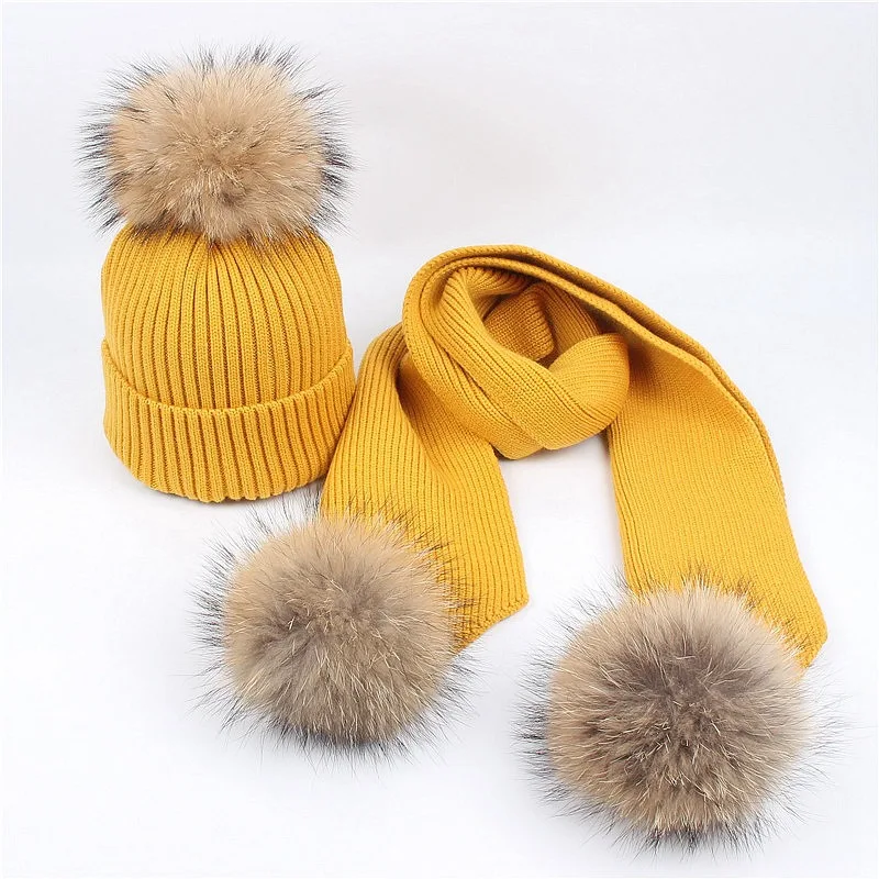

winter mom and kids caps new fashion Parent-child dress baby and mother warm street wear nature fur knitting hats