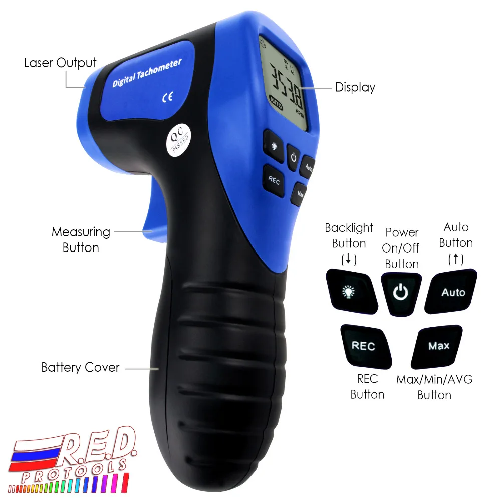 

Handheld Digital Laser Non-Contact Tachometer Rotational Speed Measuring Gun 2.5-99999 RPM, Record (60 Data) Speedometer