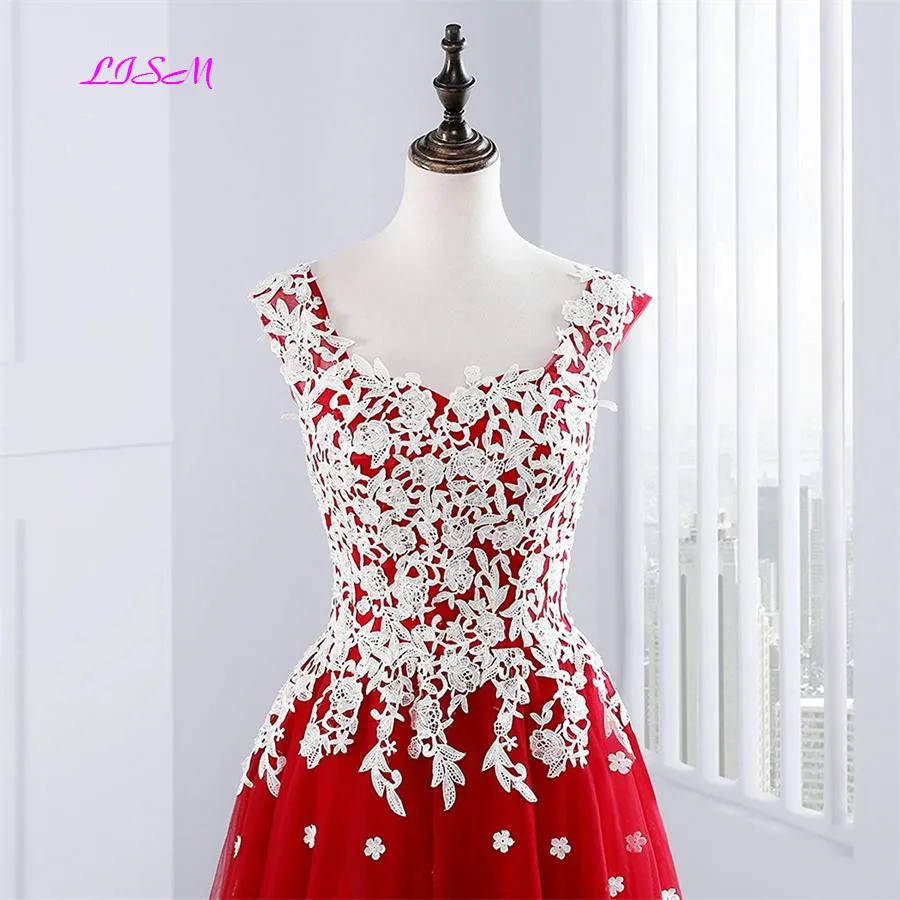 V-Neck Long Red Prom Dresses 2022 Sweet White Appliques Princess Dress Tulle 3d Flowers Evening Gowns Wedding Party Dress