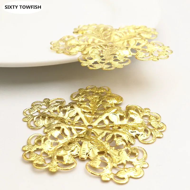 10 PCS 50mm Gold color Metal Filigree Flowers Slice Snowflake Charms Base Jewelry Accessories DIY Components Making