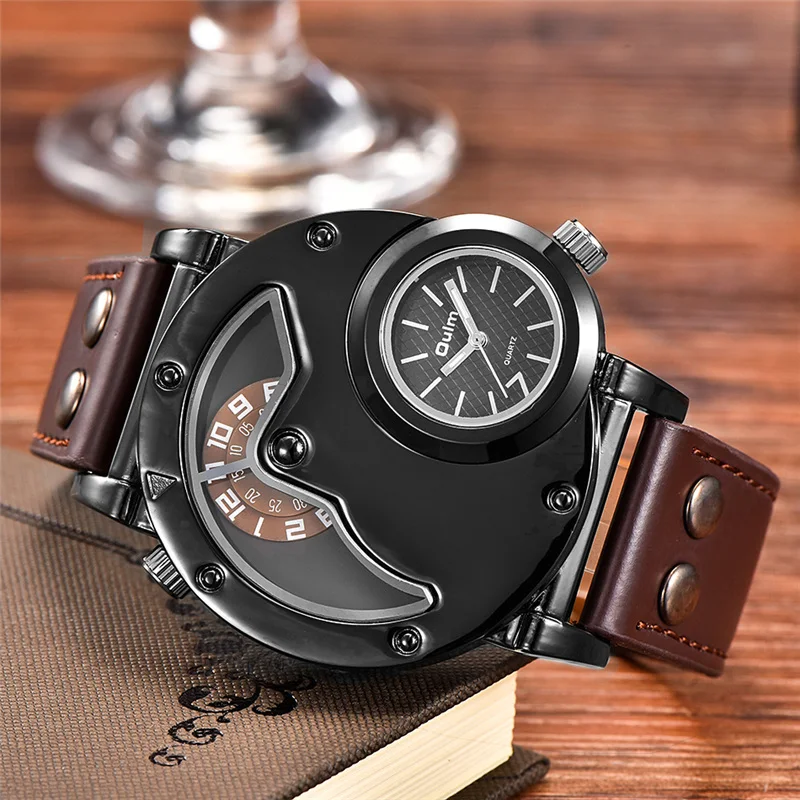 Oulm 9591 Sport Men Quartz Watch Two Time Zone Classic Men\'s Wristwatch Casual Leather Strap Male Clock reloj hombre