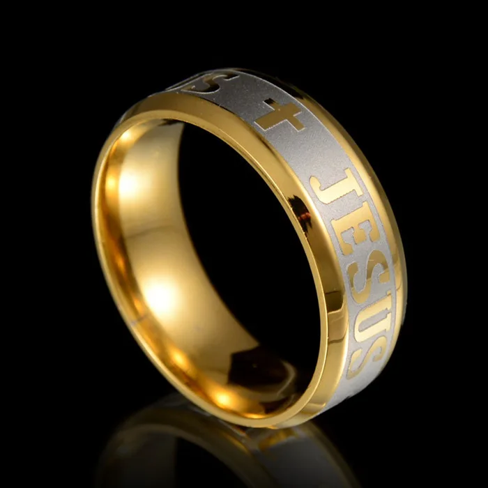 MANGOPIE High quality large size 8mm 316 Titanium Steel gold plated jesus cross Letter bible wedding band ring men women