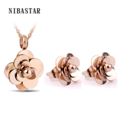 Fashion Gold/Rose Gold Color 316L Stainless Steel Flower Pendant Choker Necklace and Earrings For Women Wedding Jewelry Sets