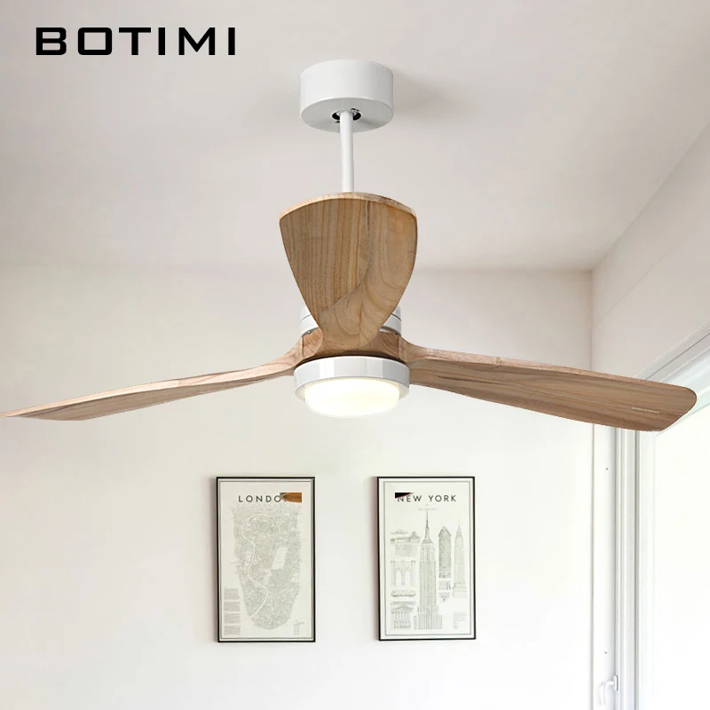 

Потолочный вентилятор BOTIMI, светодиодный, 220 В, для гостиной, скандинавский деревянный потолочный вентилятор с подсветкой, 52 дюймовые лопатки, 110 В, комнатное освещение