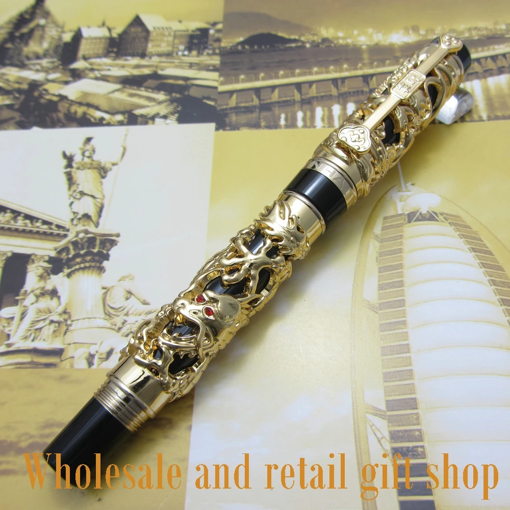 Jinhao Dragon Phoenix Heavy Gold Chinese Classical Luck Clip Fountain Pen and pen bag