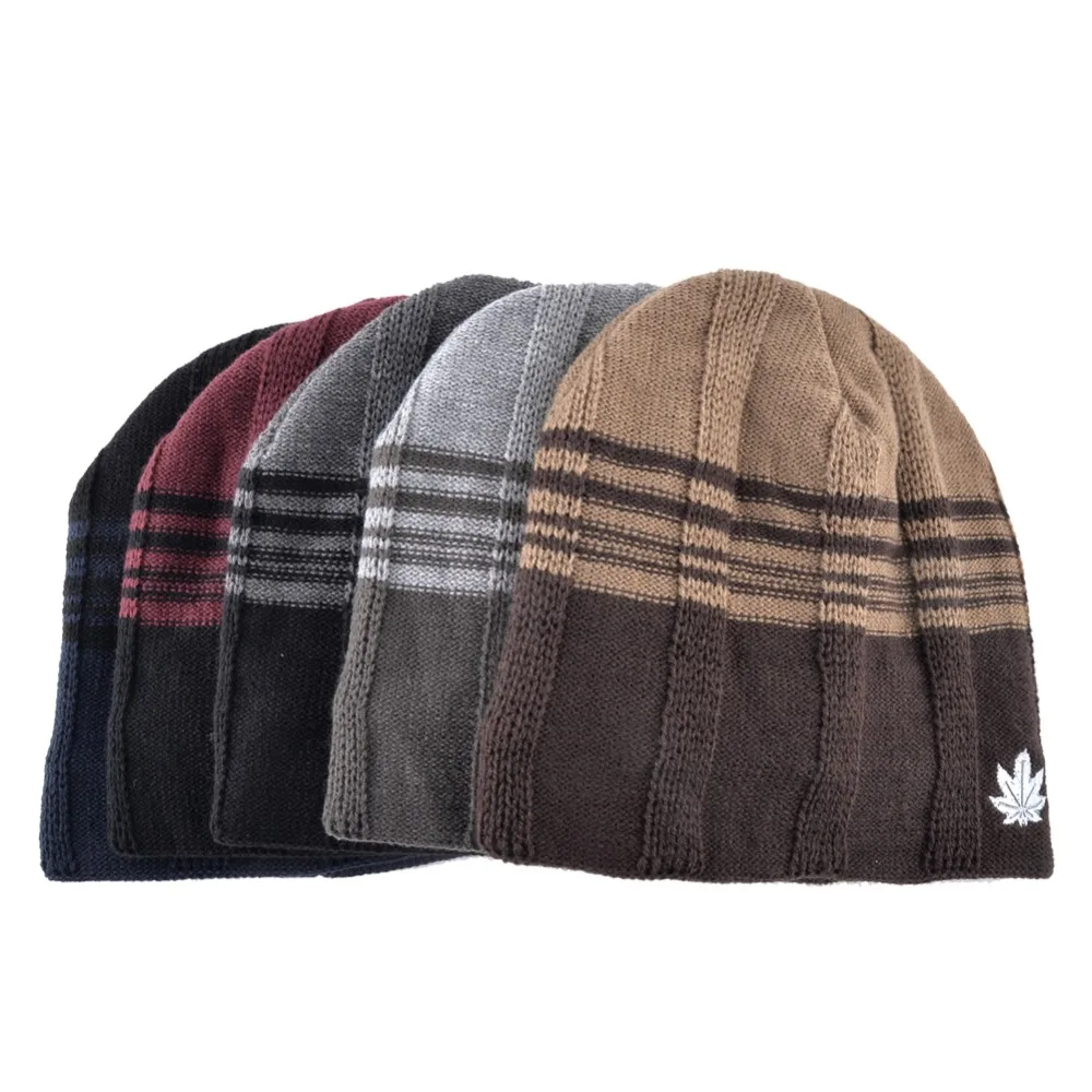 Winter Warm Hat Scarf Set For Men Fashion Maple Leaf Knitted Wool Skullies Beanies Knit Striped Patchwork Color Cap Male Ski Hat