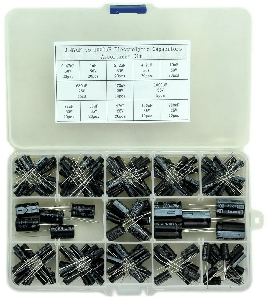 

0.47uF to 1000uF Electrolytic Capacitors Assorted Kit, 13 Values, Total 200 PCS.