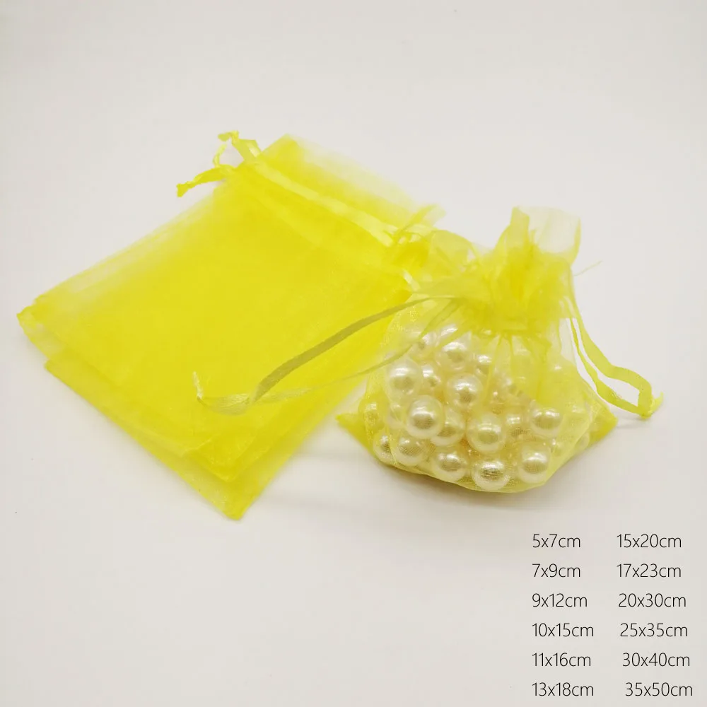 1000pcs Custom Luxury Organza Drawstring Bags Yellow Gift Pouch Sachet Packaging Wedding Party Favors Birthday Displays Jewelry