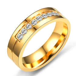 MANGOPIE 6mm Titanium steel simple couple ring gold ring with CZ diamonds wedding ring for couple hot sale lovers ring