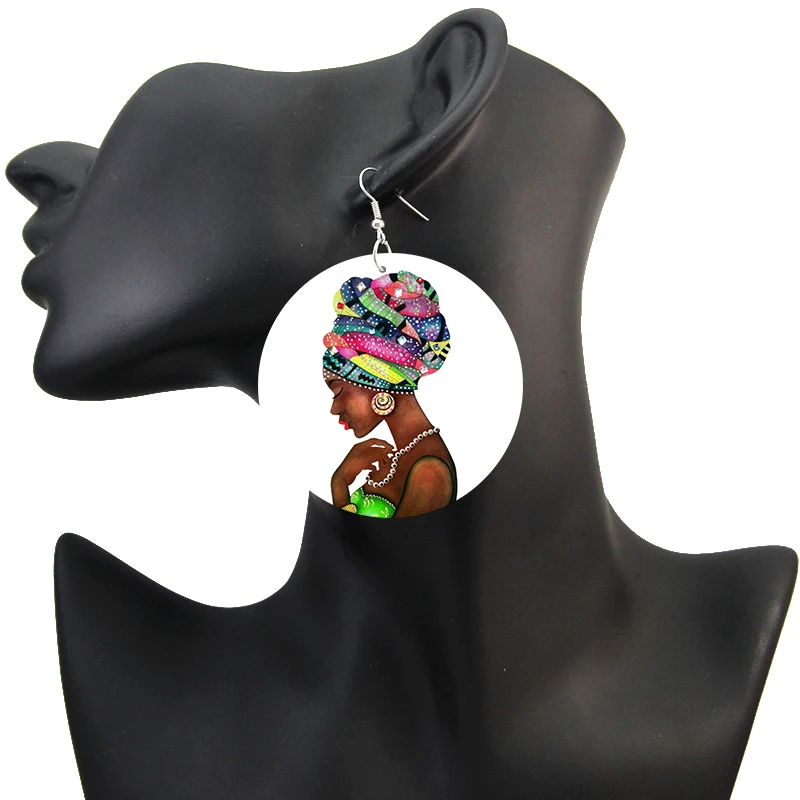 SOMESOOR Printed Hedawrap Woman Afro Wooden Ethnic Earrings Vintage Black Queen Hair Painting 6cm Flat Round Wood Jewelry Gifts