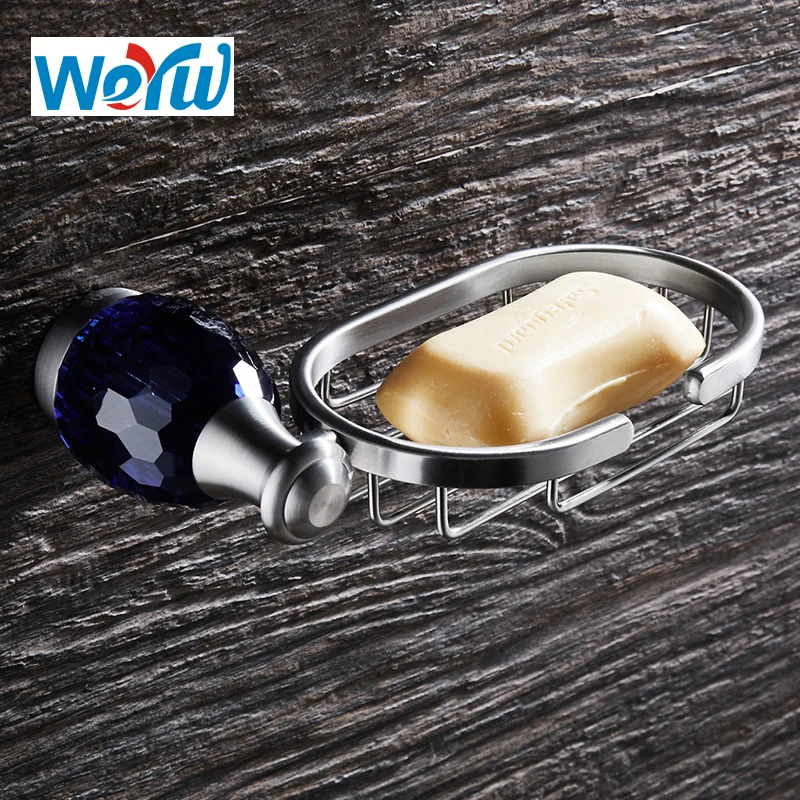 WEYUU  Soap Dish On The Wall Luxury Blue Crystal Soap Holders Basket Stainless Steel  Bathroom Accessories Brushed Nickel