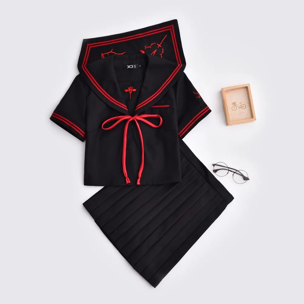 Embroidery Dark Demon School Uniforms For Girls Anime Cosplay Costumes JK Sailor Uniforms S-XL Top And Pleated Skirt