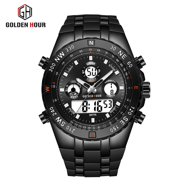 GOLDENHOUR Top Brand Dual Display Men Watch Fashion Silicon Strap Mens Quartz Watches Male Waterproof Sports Relogio Masculino