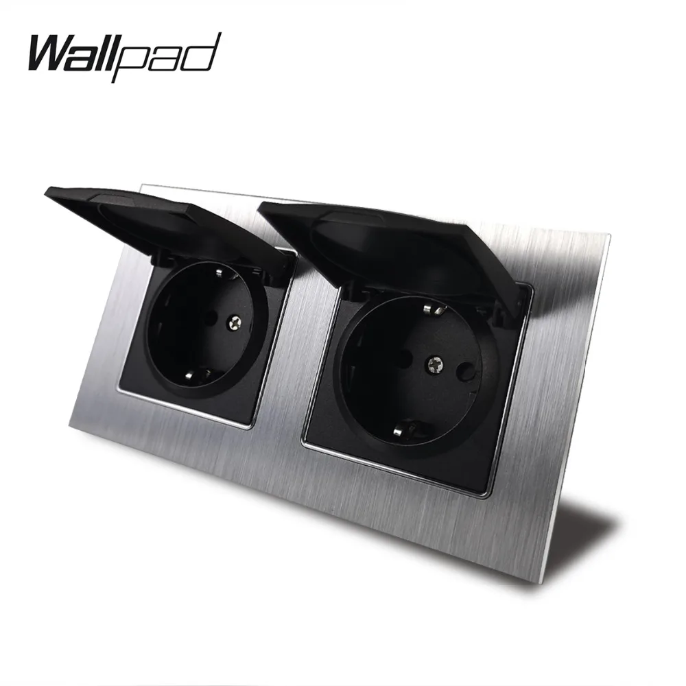 

Metal Double EU Socket with Cap Wallpad 110V-240V AC Silver Satin Chrome Frame 16A EU European Wall Power Socket Claws Mount