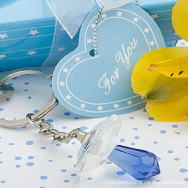 18PCS Blue Crystal Pacifier Design Keychain Ring Baby Boy Shower Favors Birthday Party Giveaway Gift