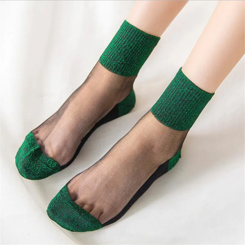 Summer Fashion Women Ultrathin Transparent Socks Glitter Crystal Glass Silk Socks Beautiful Lace Shiny Elastic Short Socks Meias