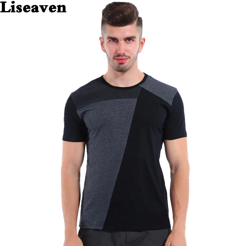 Liseaven Men Short Sleeve Patchwork T-Shirt Black Gray Slim Fit Cotton T Shirt Men Plus Size Tee Tops 2017