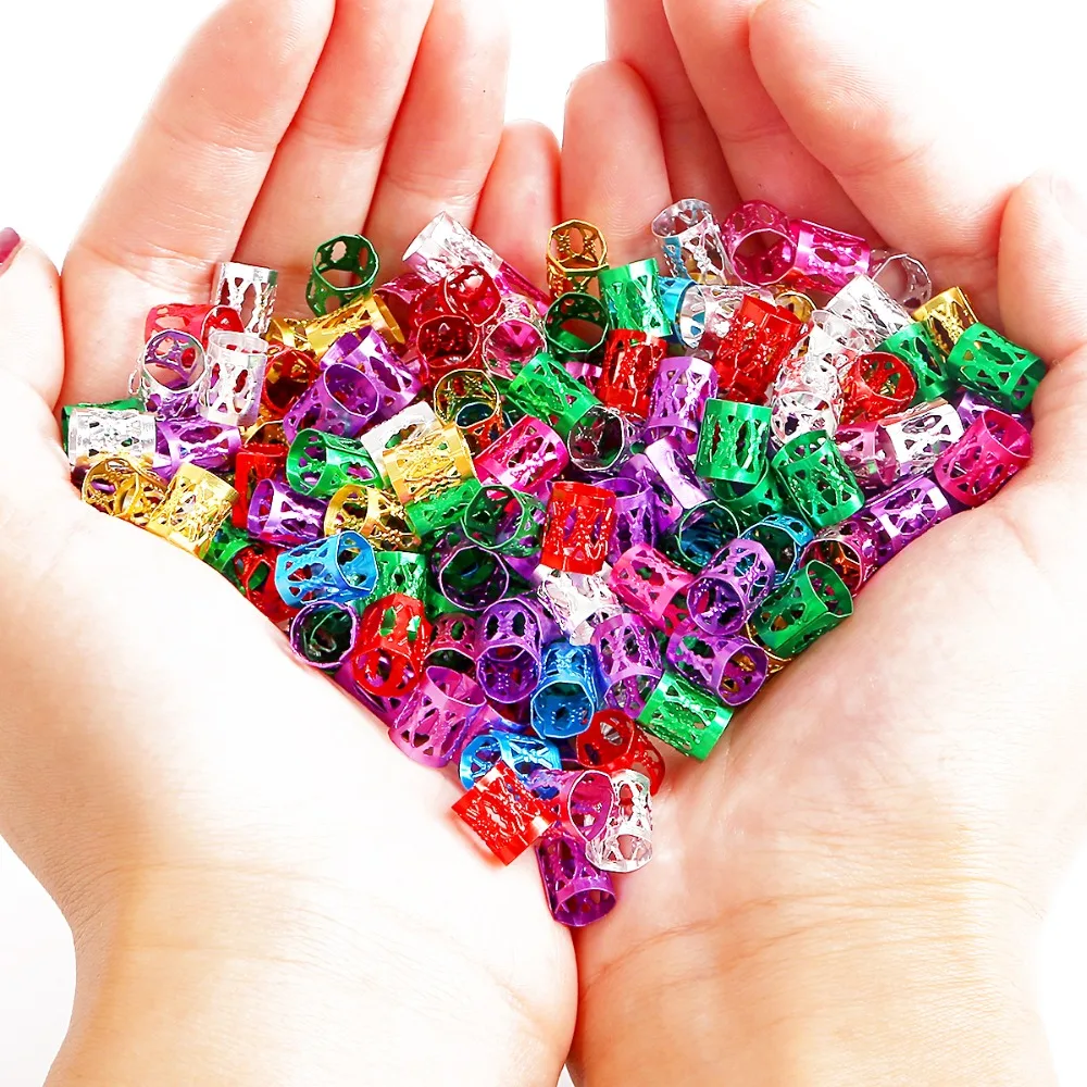 100pcs 8x9mm Mixed Beads Adjustable Hair Braids Dreadlock Beads Adjustable Hair Braid Rings Cuff Clips Tubes Jewelry