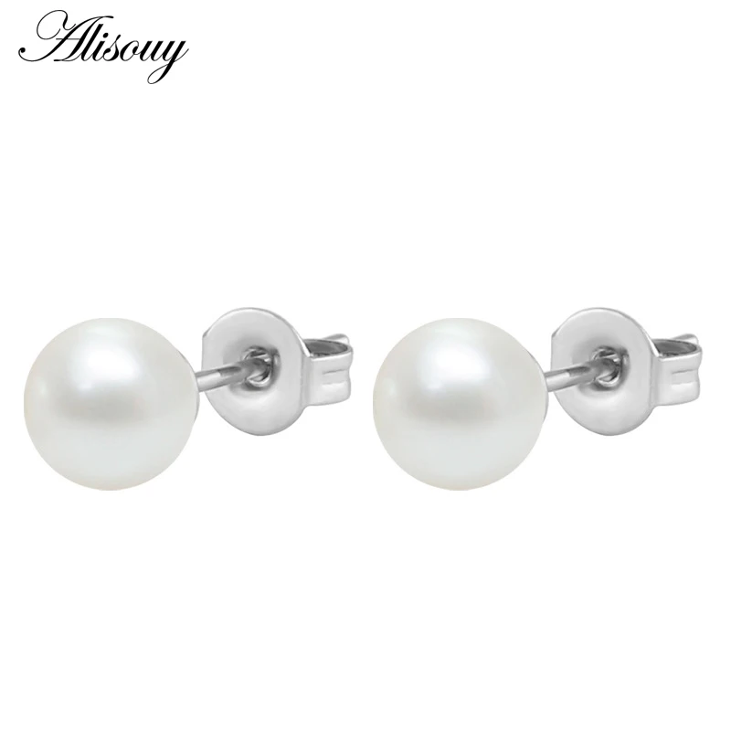 Alisouy 2PcสแตนเลสSimulaterdเงินไข่มุกEar Studต่างหูแฟชั่นเครื่องประดับสำหรับผู้หญิงต่างหูเครื่องประดับเจาะ