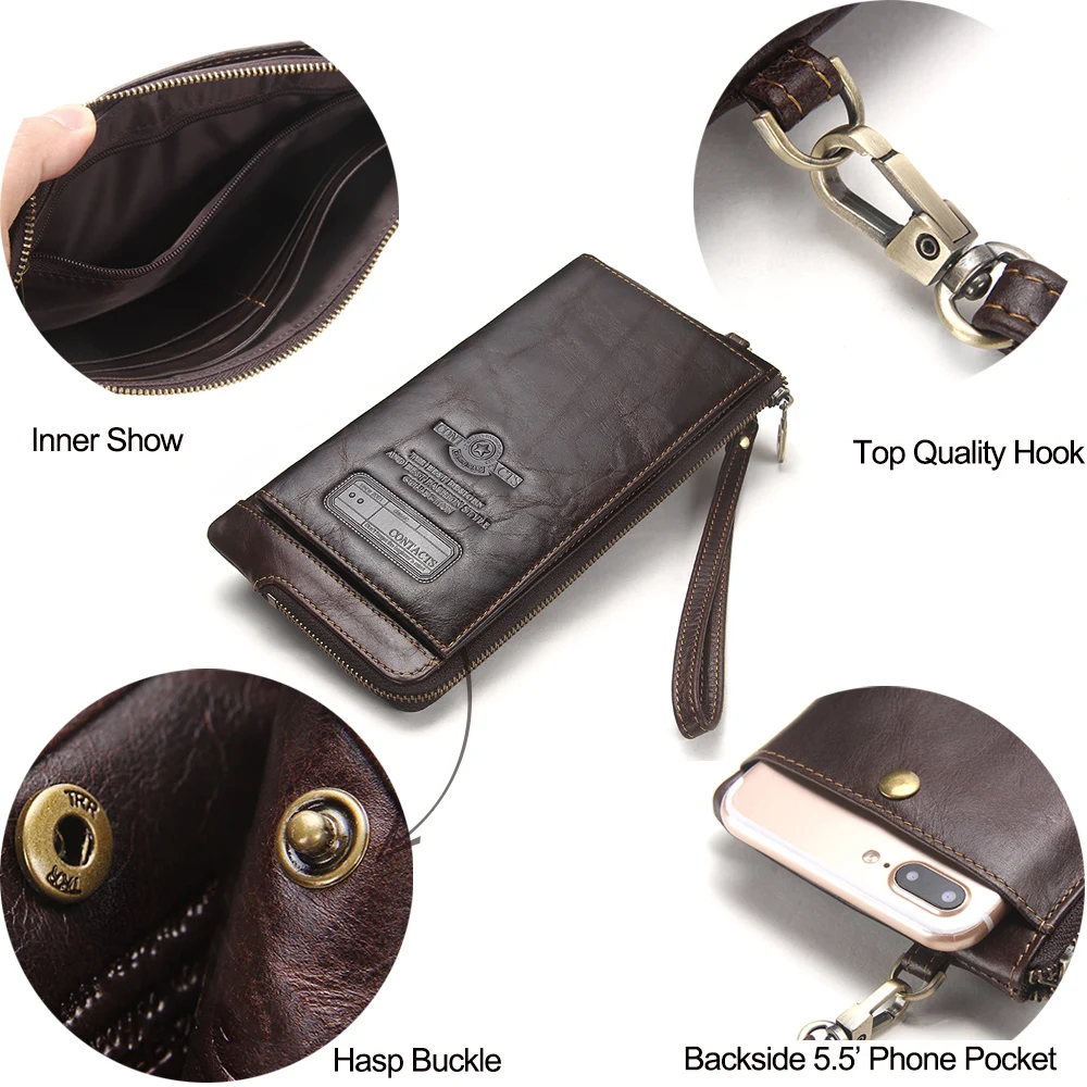CONTACT\'S Wristlet Bag Genuine Leather RFID Cellphone Wallet Men\'s Clutch Wallets Men Credit Card Holder Male Long Purse Zipper