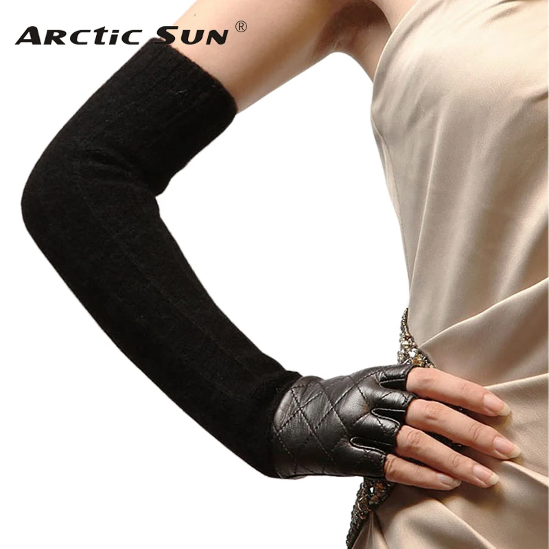 Promotion Women Sheepskin Long Fingerless Gloves Punk Fashion Genuine Leather Opera Solid Lady Mitten Winter Wool Glove L111NQ