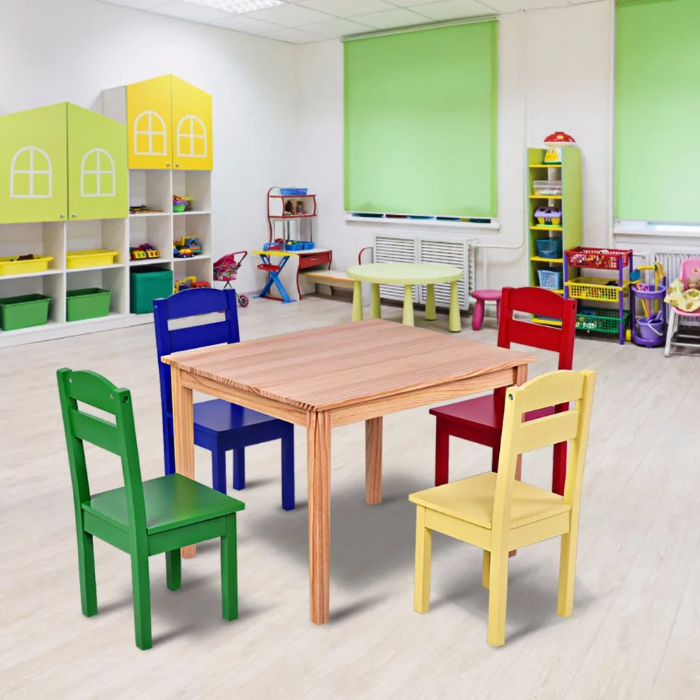 Goplus Kids 5 Piece Table Chair Set Pine Wood Multicolor Children Play Room Furniture