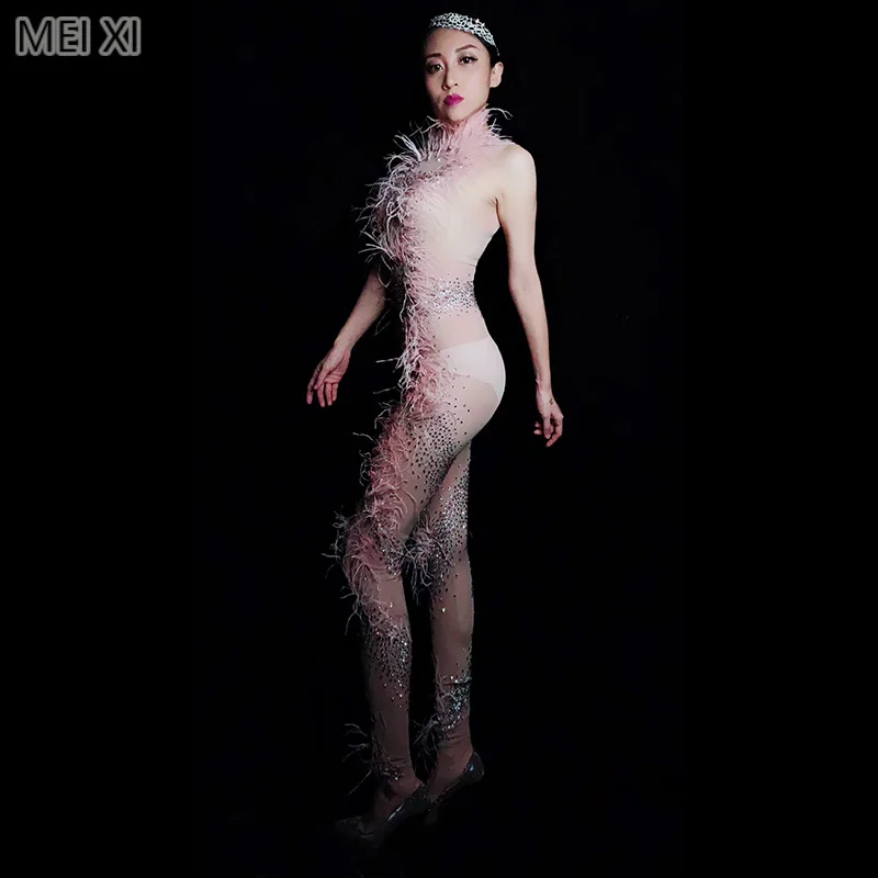 

Sexy pink mesh ostrich hair rhinestone jumpsuit party nightclub bar concert DJ singer/dancer costume