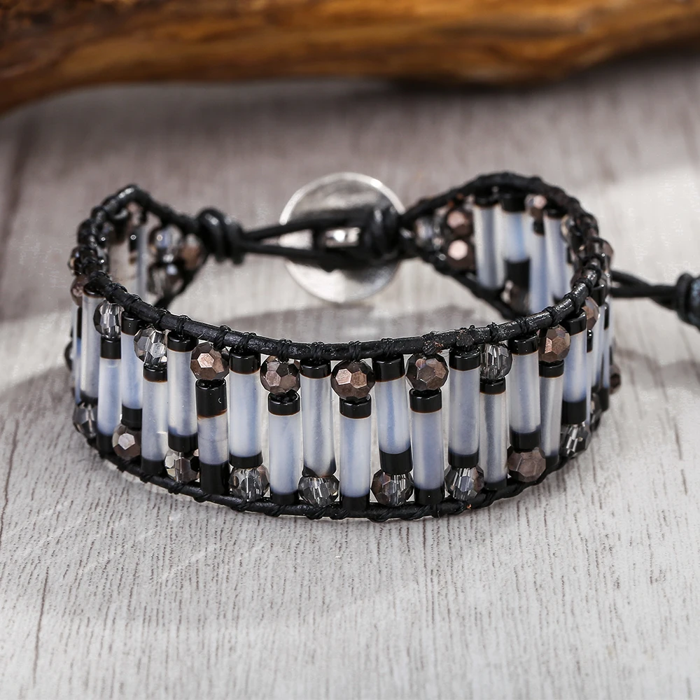 Браслет из натуральной черной кожи с кристаллами и бусинами, браслет с застежкой «Древо жизни», новый дизайн, регулируемый браслет для женщин и девушек