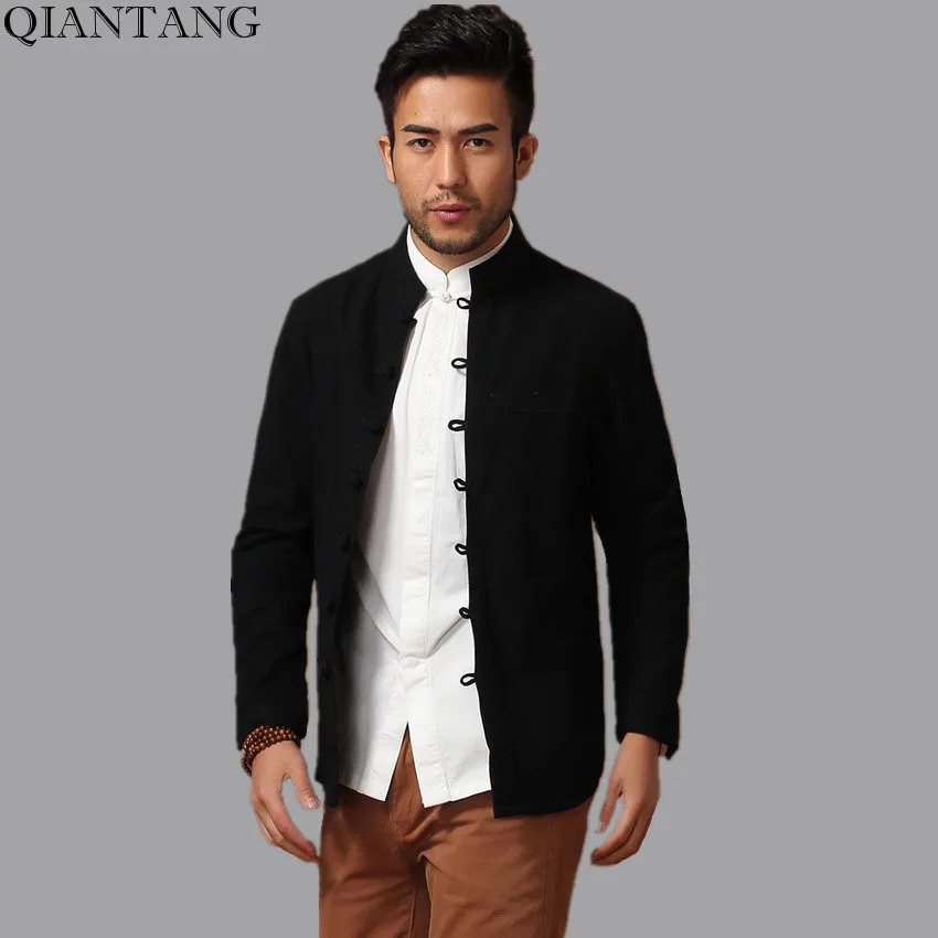 Top Selling China Men Cotton Linen  Kung Fu Jacket Black Spring Long Sleeves Coat hombre chaqueta Size M L XL XXL XXXL Mim14D