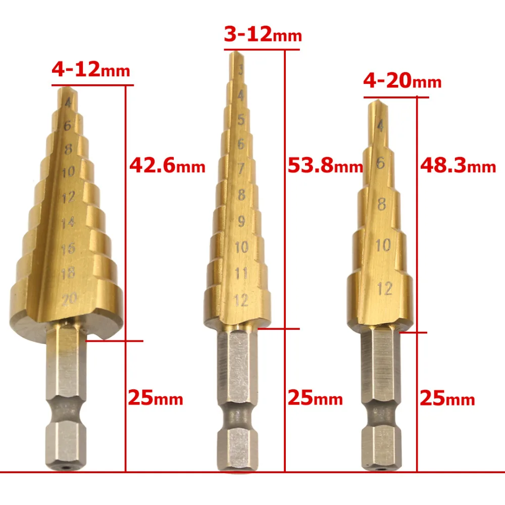 3Pcs HSS Titanium Hex Shank Cone Step Drill Bit 3-12mm 4-12mm 4-20mm Bits For Woodworking Wood Metal  Step Drilling Hole Tools