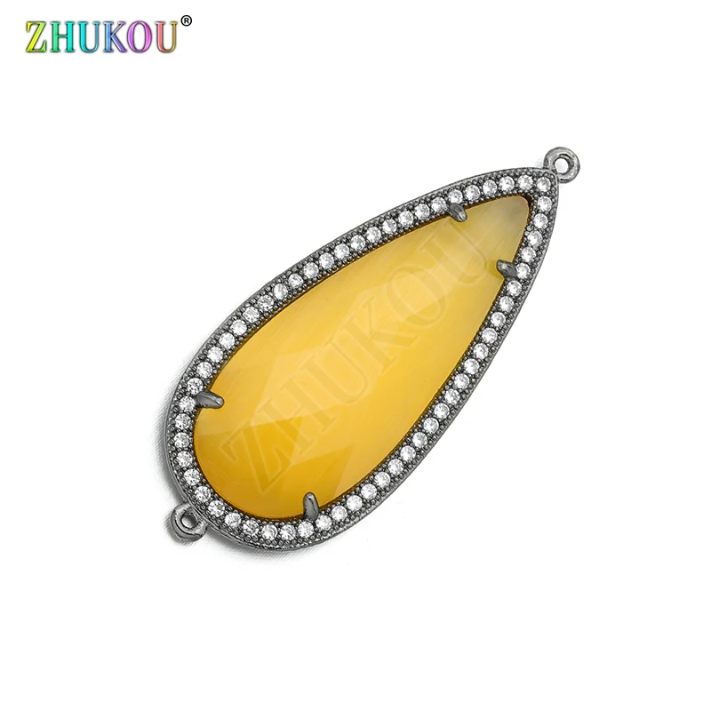 18*43mm Brass Cubic Zirconia Water Drop Shape Charms Connectors, Mixed Color, Hole: 1mm, Model:VS285D