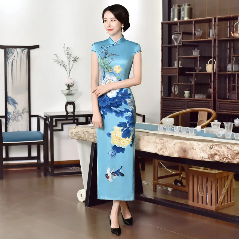 

Chinese Traditional Dress Short Sleeve Sexy Oriental Dress Cheongsam Slit Long Dress Blue Ao Dai Vietnam Qipao Dress DD1893