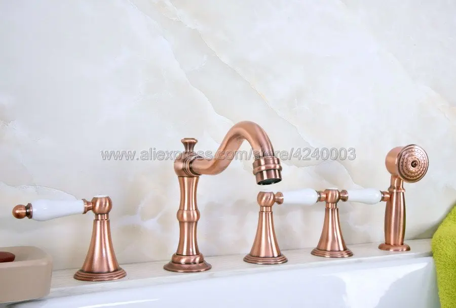 

Antique Red Copper 5 Holes 3 Handles Roman Tub Bathtub Faucet Handshower Ktf212