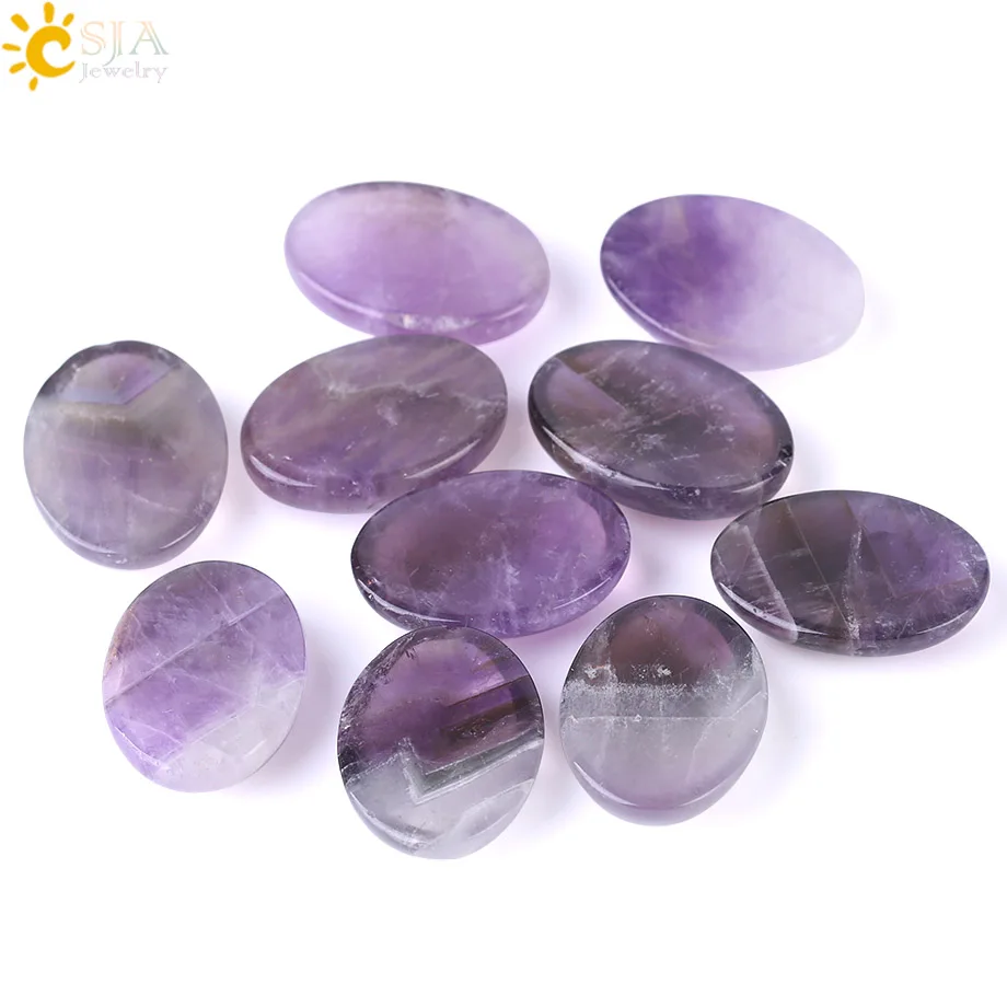 CSJA 1PC Natural Stone Purple Crystal Beads 4 Sizes for Choice Oval Quartz Reiki Accessories Fit DIY Rings Bracelet Pendant F506