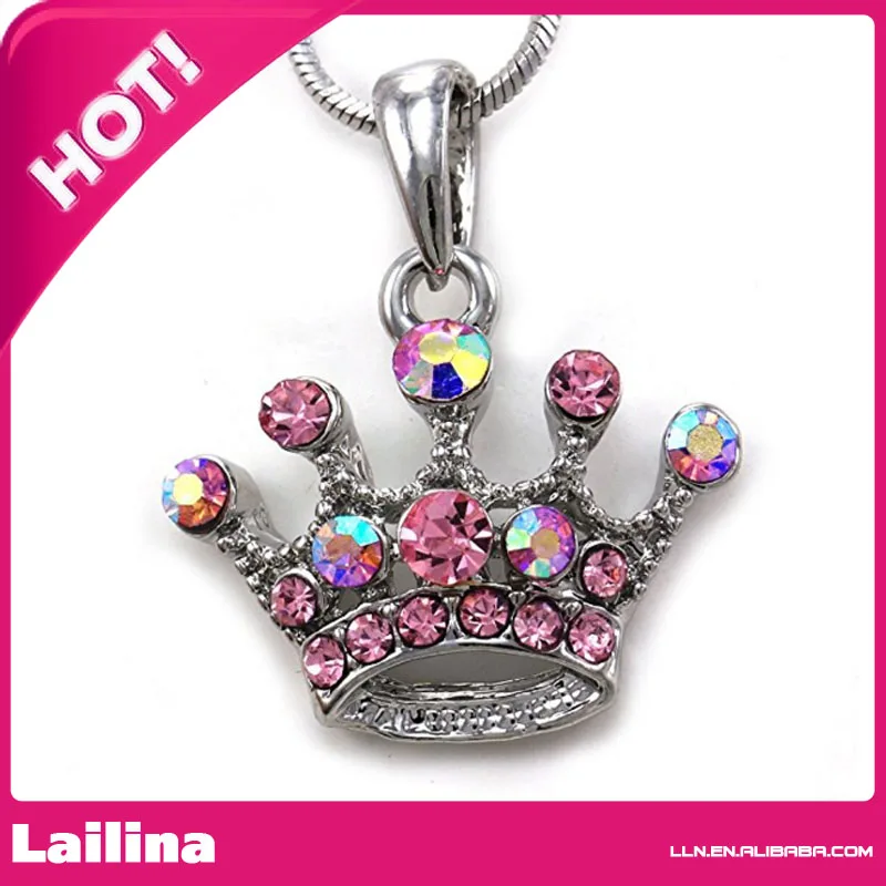 

Pink AB Princess Crown Tiara Pendant Necklace Pink Rhinestones Teens Girls Fashion Jewelry