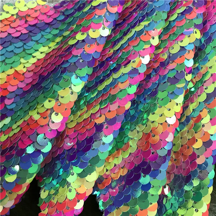 New Fashion Trend Large rainbow double-sided flip  UV Laser Color Sequin Mesh Fabric A Little Elastic Party Dress Material