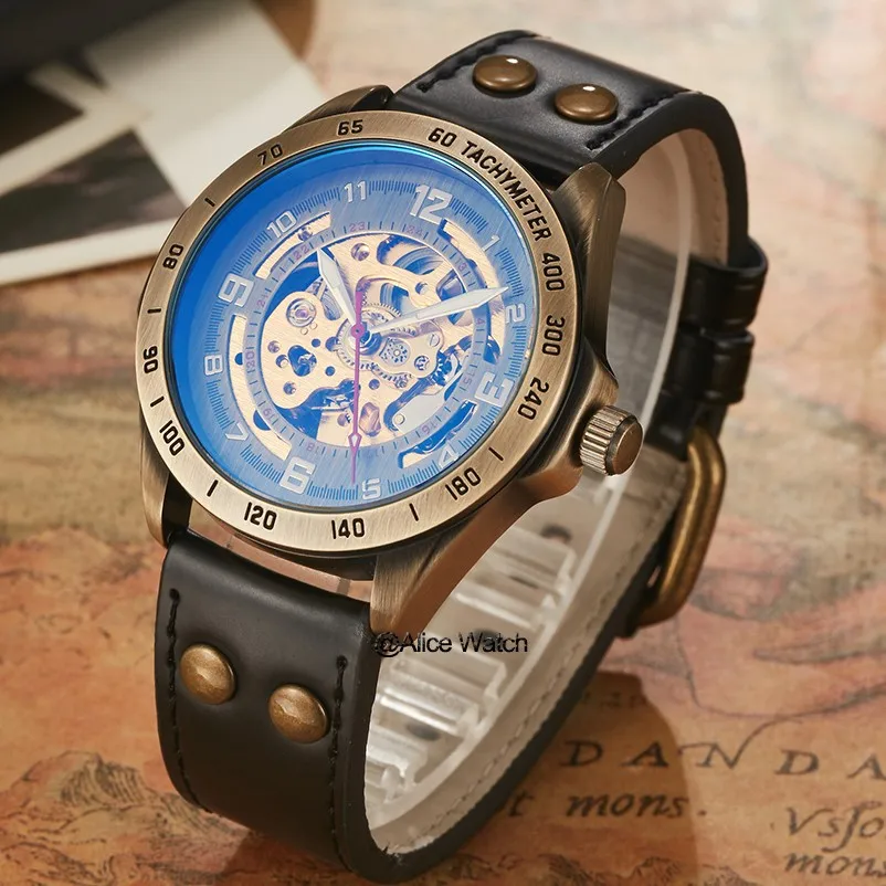 Retro Mechanical Watches Men Antique Bronze Skeleton Automatic Steampunk Leather Wristwatches Clock Male Relogio Masculino 2020