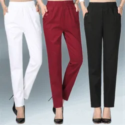 White Women's Trousers 5XL Spring Summer Autumn Female Stretch Waist Cotton Straight pants Middle aged lady Solid Casual Pants