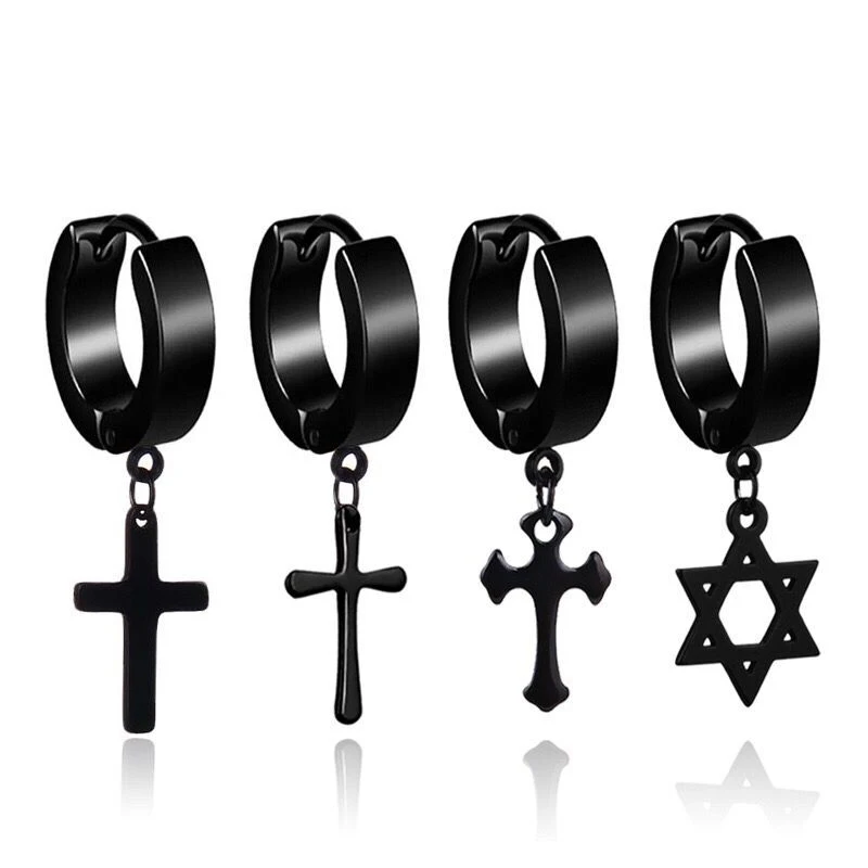 Wholesale Jewelry -- Titanium steel Men's Cross / Six Star Drop Earrings (1pc) Jewelry Black / White