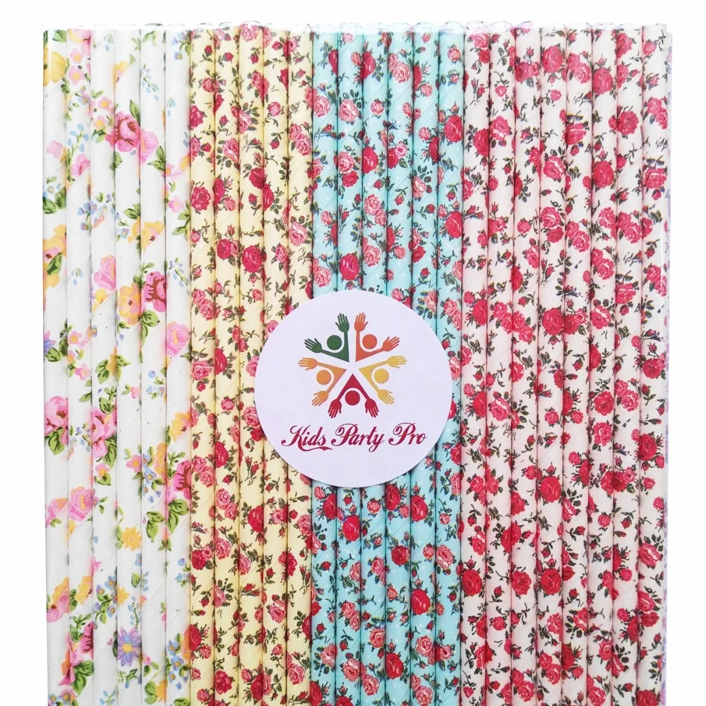 Free shipping 100PCS Drinking Paper Straws Floral Paper Straws Mix