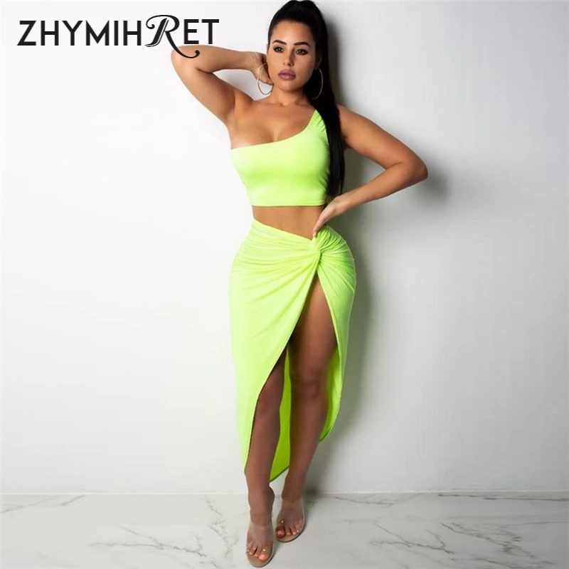 ZHYMIHRET 2023 Summer Neon Color Two Piece Set Dress For Women One Shoulder Tops Side Ruched High Split Dress Bandange Vestidos