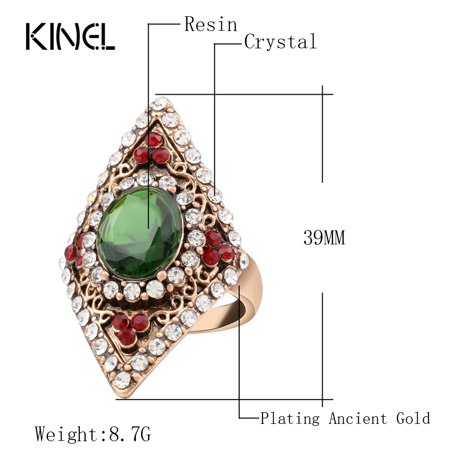 Kinel Vintage Jewelry Transparent  Ring For Women Color Ancient Gold Crystal Ring Love Gift