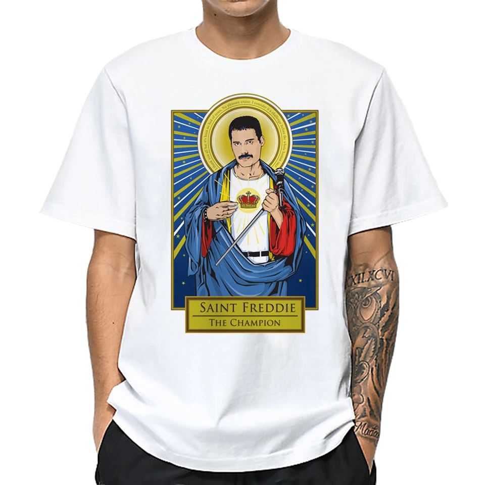 Saint Freddie Mercury T-shirt For Men Hip Hop Queen Band T Shirts Character Tshirt Lead Vocal 100% Cotton Streetwear Dabbing Tee