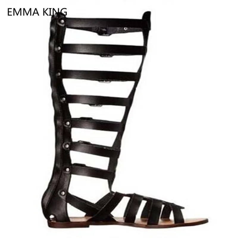 Punk Style Sexy Women Knee High Flat Sandals Open Toe Buckle Strap Ladies Casual Gladiator Shoes Woman Summer Roman Sandals Boot