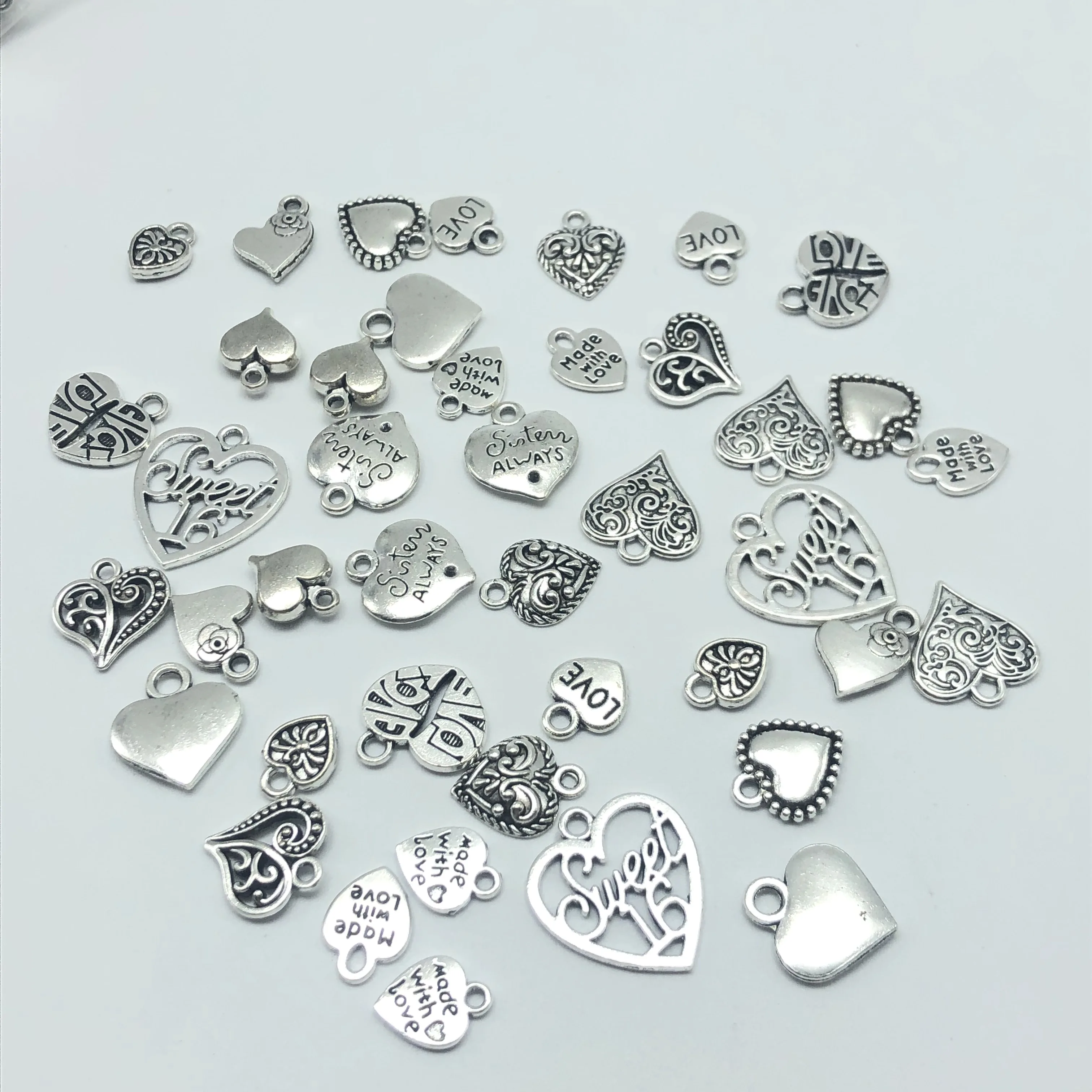JunKang 30pcs Mixed batch Alloy Tibetan silver heart jewelry charm pendant classic DIY fashion findings
